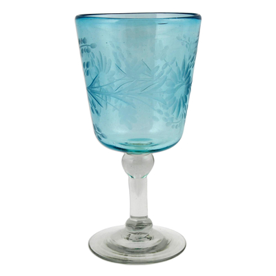 Blown glass wine glasses, 'Aquamarine Sunflowers' (set of 6) - Engraved Pepita Flowers on Hand Blown Wine Glasses Set of 6
