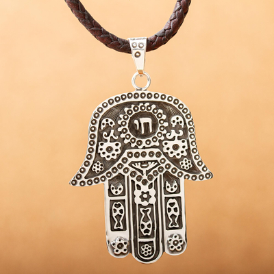 Sterling silver and leather pendant necklace, 'Hamsa Amulet' - Taxco Silver Artisan Crafted Leather Hamsa Symbol Necklace