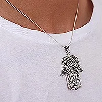 Sterling silver pendant necklace, 'Hamsa Amulet' - Fair Trade Handmade Mexican Artisan Hamsa Pendant in 925 Ste