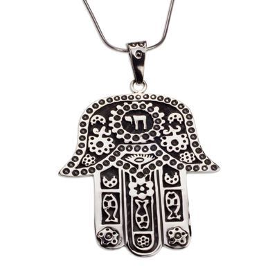 Halskette mit Anhänger aus Sterlingsilber - Von Hand gefertigte Taxco-Halskette aus Sterlingsilber mit Hamsa-Symbol