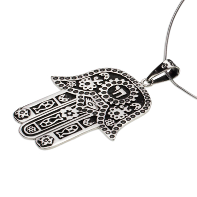 Sterling silver pendant necklace, 'Hamsa Amulet' - Artisan Crafted Taxco Sterling Silver Hamsa Symbol Necklace