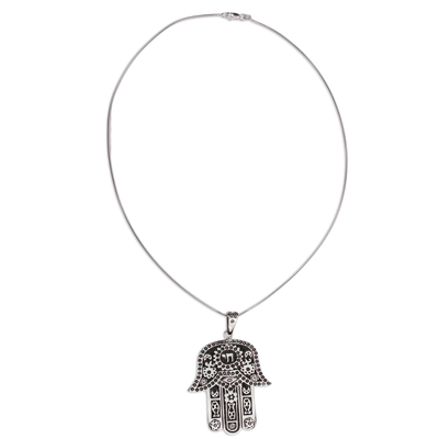 Sterling silver pendant necklace, 'Hamsa Amulet' - Artisan Crafted Taxco Sterling Silver Hamsa Symbol Necklace
