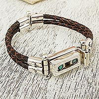 Turquoise leather accent wristband bracelet, 'Taxco Abacus' - Turquoise and Taxco Silver Bracelet with Brown Leather