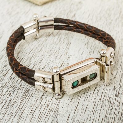 Turquoise leather accent wristband bracelet, 'Taxco Abacus' - Turquoise and Taxco Silver Bracelet with Black Leather