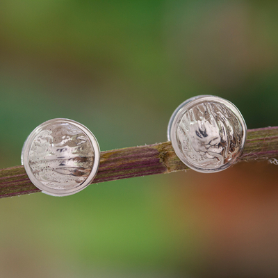 Sterling silver button earrings, 'Crumpled Spheres' - Taxco Jewellery Artisan Crafted Sterling Silver Earrings