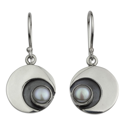 Cultured pearl dangle earrings, 'Iridescent Moon' - 950 Silver and Pearl Dangle Moon Earrings from Taxco