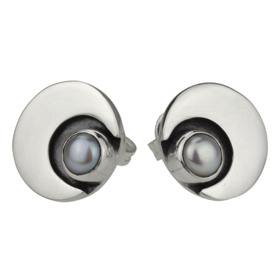 Cultured pearl button earrings, 'Iridescent Moon' - 950 Silver and Pearl Moon Earrings Mexico Taxco Jewelry