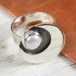 Cultured pearl cocktail ring, 'Iridescent Moon' - 950 Silver and Pearl Moon Ring Mexico Taxco Jewelery