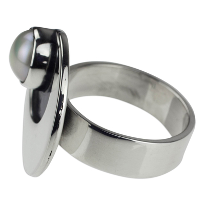 Cultured pearl cocktail ring, 'Iridescent Moon' - 950 Silver and Pearl Moon Ring Mexico Taxco Jewelery