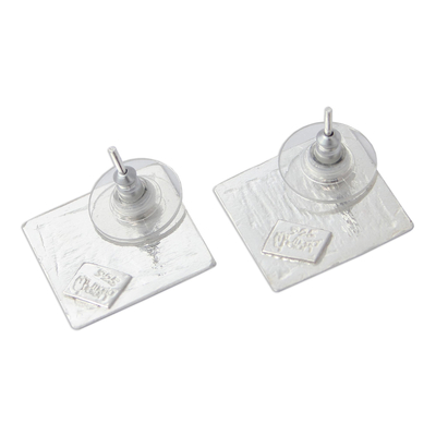 Sterling silver button earrings, 'Windows of Texture' - Sterling Silver Square Shaped Button Earrings from Mexico