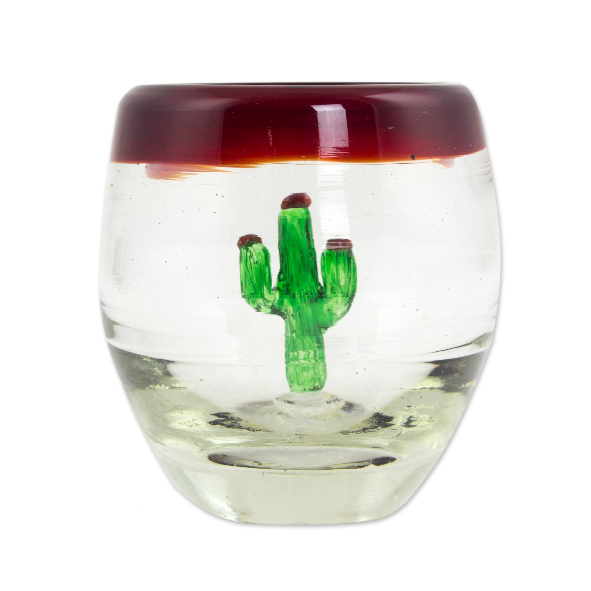 Set of 6 Red Rim Round Shot Glasses with Cactus Inside Cactus Flower
