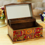 Decoupage jewelry box, 'Huichol Enchantment' - Huichol Theme Decoupage on Pinewood Jewelry Box with 3 Decks