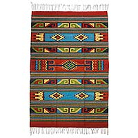 Tapete de lana zapoteca, 'Sol Lineal' (4x6.5) - Rojo y Multicolor Tapete de lana zapoteca auténtico tejido a mano 4x6