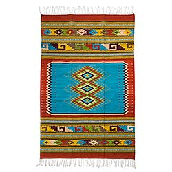 Tapete de lana zapoteca, 'Astronomía Zapoteca' (4x7) - Motivo Geométrico Multicolor 4 x 7 Tapete Zapoteca de México