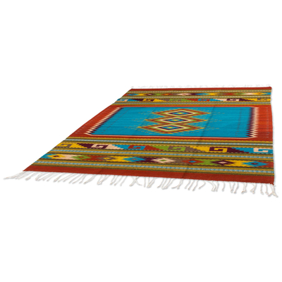 Zapoteken-Wollteppich, (4x7) - Mehrfarbiger 4 x 7 Zapotec-Teppich mit geometrischem Motiv aus Mexiko
