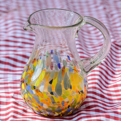 Handblown glass pitcher, 'Confetti Festival' - Blown Colorful Recycled Glass Pitcher from Mexico (87 oz)