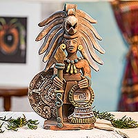 Ceramic sculpture, 'Aztec Calendar Eagle Warrior' - Ceramic Eagle Warrior Sculpture with Aztec Calendar