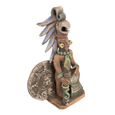 Ceramic sculpture, 'Aztec Calendar Eagle Warrior' - Ceramic Eagle Warrior Sculpture with Aztec Calendar