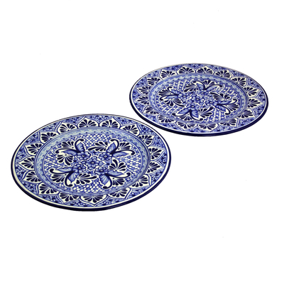 Ceramic luncheon plates, 'Cholula Blossoms' (pair) - Two Authentic Mexican Blue Talavera Style Luncheon Plates
