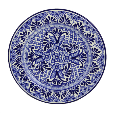 Ceramic luncheon plates, 'Cholula Blossoms' (pair) - Two Authentic Mexican Blue Talavera Style Luncheon Plates