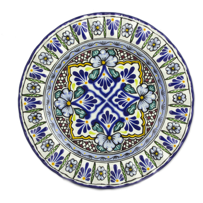 Ceramic dinner plates, 'Floral Duchess' (pair) - 2 Floral Talavera Style Plates Handmade Set in Mexico