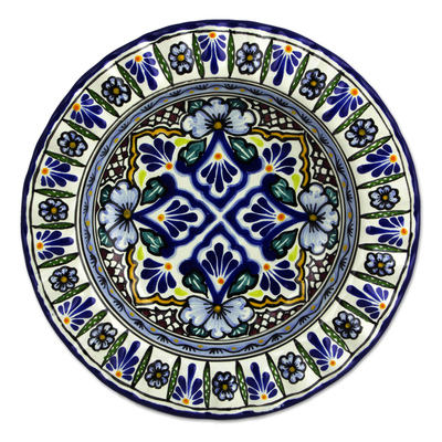 Ceramic bowls, 'Floral Duchess' (pair) - 2 Blue Floral Talavera Style Bowls Handmade in Mexico