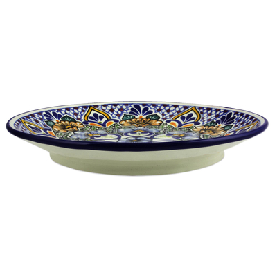 Ceramic dinner plates, 'Sunshine Kaleidoscope' (pair) - Mexican Blue Floral Talavera Style Dinner Plates (Pair)