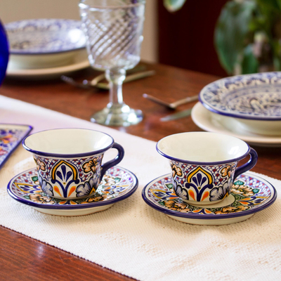 2 Mexico Talavera Style Ceramic Cups Saucers Floral Sunshine