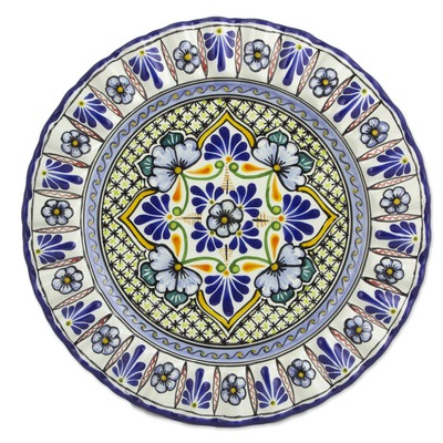 Ceramic dinner plate, 'Green Floral Duchess' - Mexican Floral Ceramic Green Blue Dinner Plate