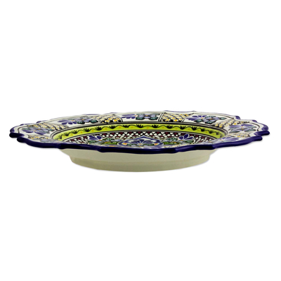 Talavera ceramic plate, 'Cobalt Bouquet' - Artisan Crafted Talavera Floral Ceramic Plate from Mexico