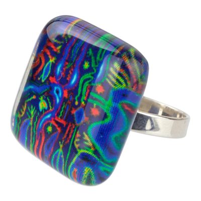 Art glass cocktail ring, 'Blue Huichol' - 925 Silver Cocktail Ring with Art Glass Blue Huichol Images