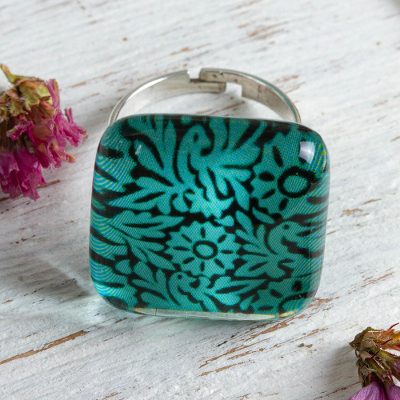 Art glass cocktail ring, 'Oaxaca Wonder' - Oaxaca Style Birds and Flowers on Art Glass Cocktail Ring