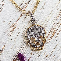 Gold plated pendant necklace, 'Skeleton Glitz' - Handcrafted Gold Plated Cubic Zirconia Skeleton Necklace