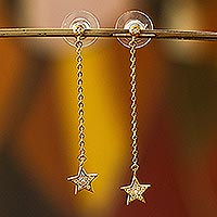 Gold plated dangle earrings, 'Sparkling Starlight' - Star Theme Gold Plated Dangle Earrings with Cubic Zirconia