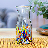 Blown glass carafe, 'Confetti Festival' - Artisan Crafted Colorful Mexican Hand Blown Carafe (28 oz)