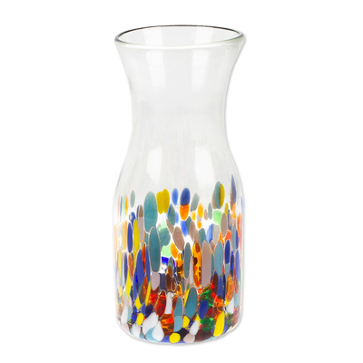 Blown glass carafe, 'Confetti Festival' - Artisan Crafted Colorful Mexican Hand Blown Carafe (28 oz)