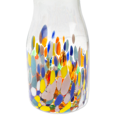 Blown glass carafe, 'Confetti Festival' - Artisan Crafted Colorful Mexican Hand Blown Carafe (28 oz)