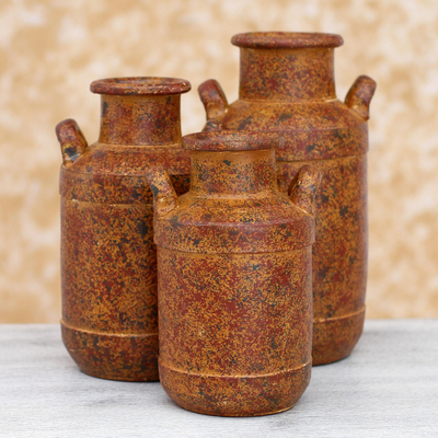 3 Hacienda Style Ceramic Milk Cans Ocher Decorative Vases