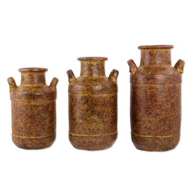 3 Hacienda Style Ceramic Milk Cans Ocher Decorative Vases