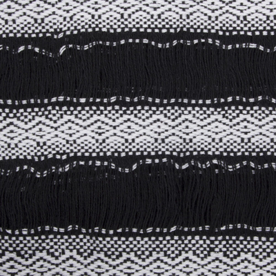 Cotton rebozo shawl, 'Lunar Diamonds' - Hand Woven White and Black Mexican Rebozo Shawl Cotton Wrap