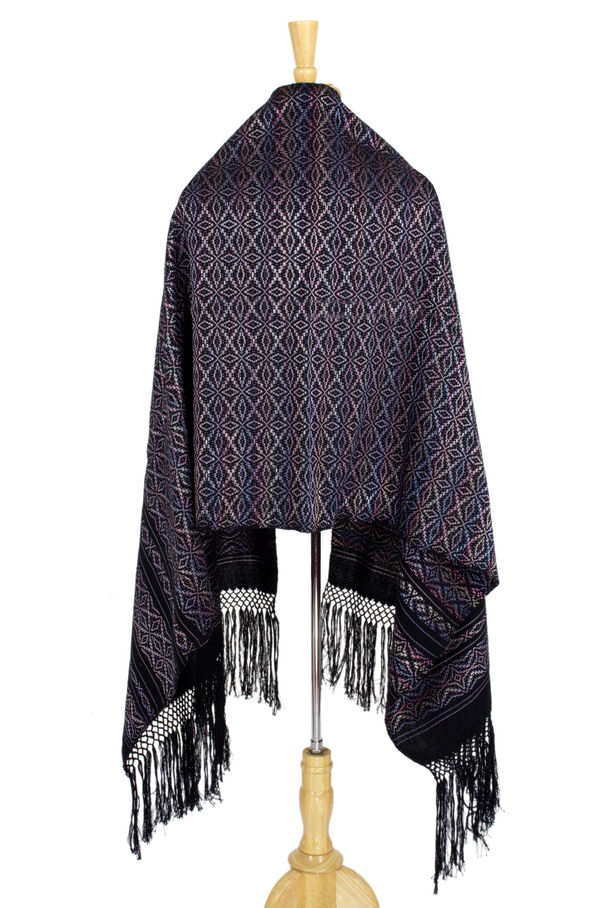 Cotton Rebozo Mexican Shawl with Multicolor Flowers on Black - Fiesta ...