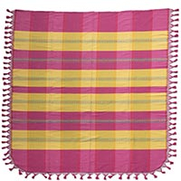 Cotton bedspread, 'Pink Sunset' (twin) - Hand Crafted 100% Cotton Pink and Yellow Bedspread (Twin)