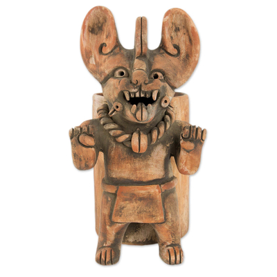 Ceramic vessel, 'Zapotec Bat Deity Urn II' - Artisan Crafted Ceramic Urn with Zapotec Deity
