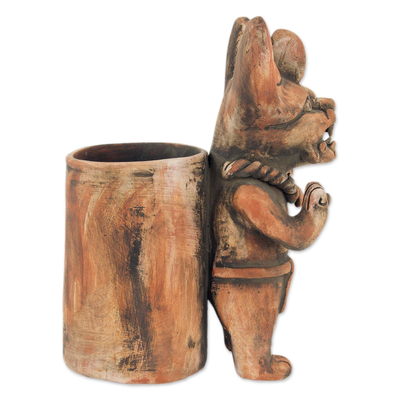 Ceramic vessel, 'Zapotec Bat Deity Urn II' - Artisan Crafted Ceramic Urn with Zapotec Deity