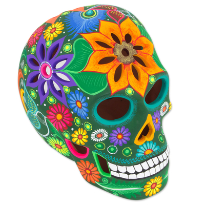 Ceramic Sculpture, 'Cheerful Skull' - Floral Ceramic Day of the Dead Skull Sculpture from Mexico
