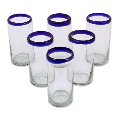 Blown glass highball glasses, 'Cobalt Classics' (set of 6) - Unique Handblown Glass Blue Rim Highball Tumbler