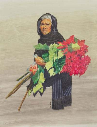 Portrait of Purepecha Woman and Poinsettias Realism Painting