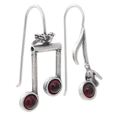Garnet drop earrings, 'Bird Melodies' - Birds on Musical Notes Sterling Silver Earrings with Garnet