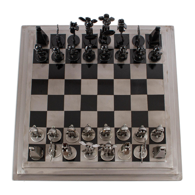 Rustic Chess Set From Mexico Using Recycled Car Parts - Pre-Hispanic Battle  in Black