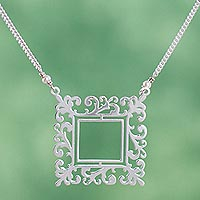 Cultured pearl pendant necklace, 'Square Mirror' - Handmade Cultured Pearl and Sterling Silver Necklace